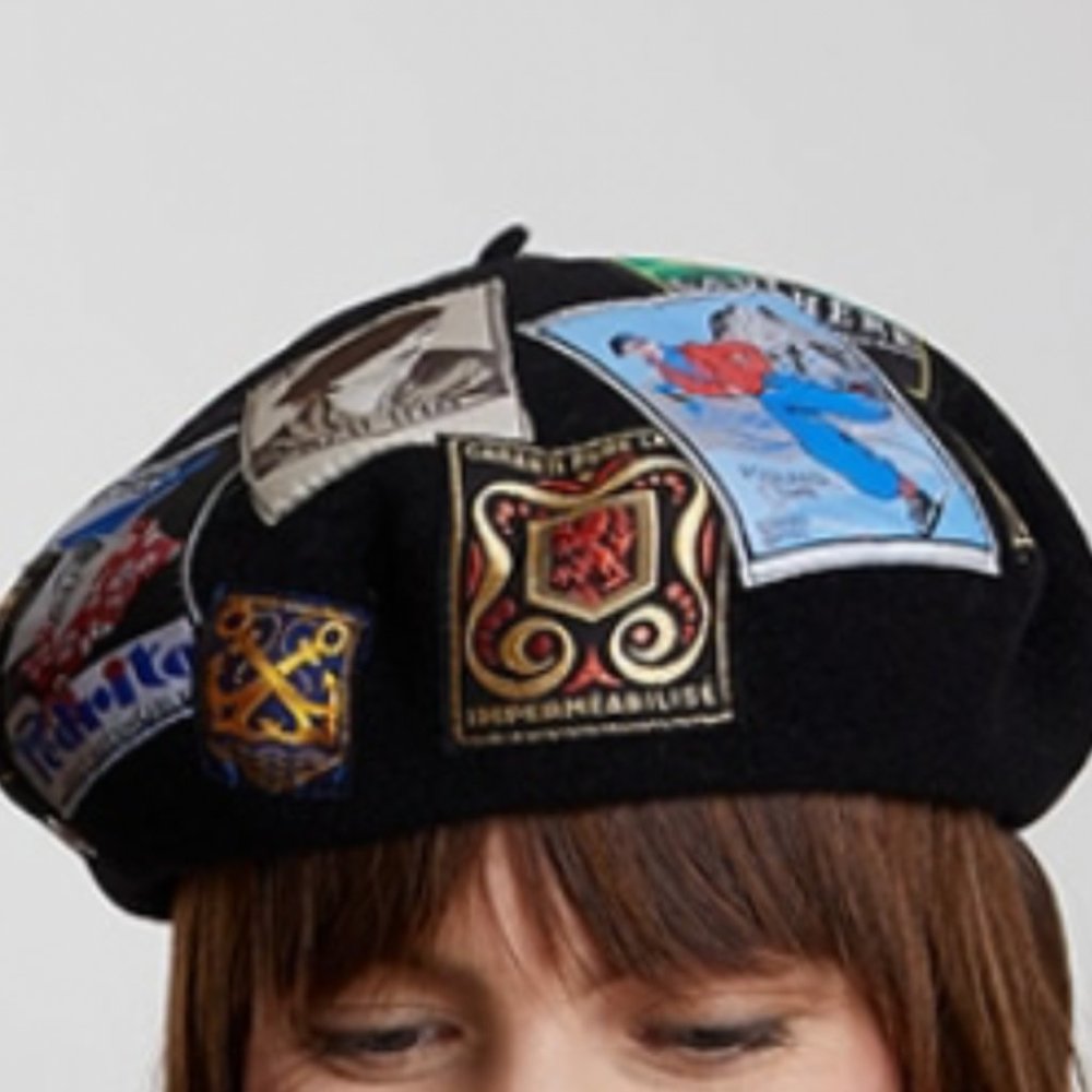 Laulhere French Original Beret Hat Black with Patches  Size Small